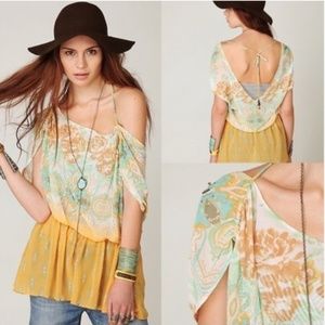 Free People Orange Yellow Mint Green Floral Semi Sheer Low Back Boho Top Sz Sp.